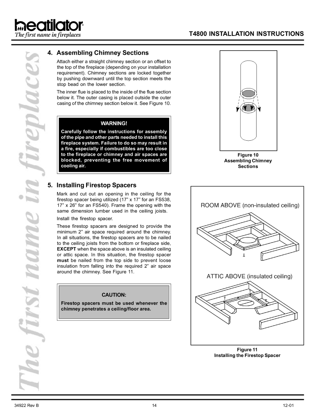 Heatiator T4800 manual Assembling Chimney Sections, Installing Firestop Spacers 