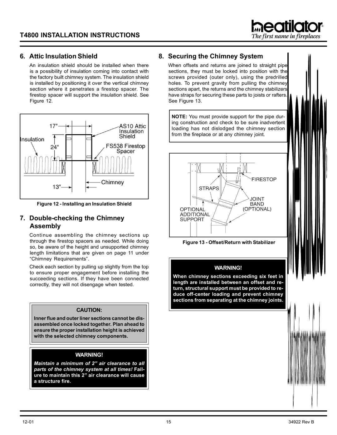 Heatiator T4800 manual Attic Insulation Shield, Securing the Chimney System, Double-checking the Chimney Assembly 