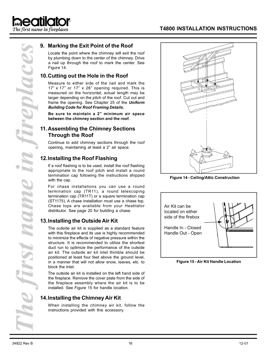 Heatiator T4800 manual Marking the Exit Point of the Roof, Cutting out the Hole in the Roof, Installing the Roof Flashing 