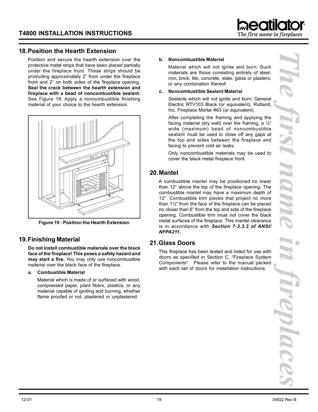 Heatiator T4800 manual Position the Hearth Extension, Finishing Material, Mantel, Glass Doors 