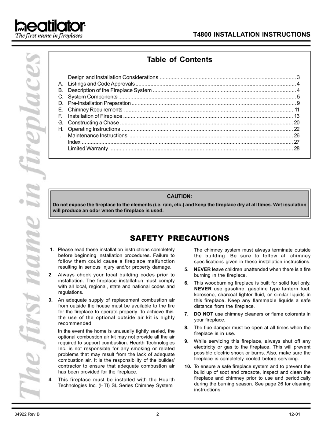 Heatiator T4800 manual Table of Contents, Safety Precautions 