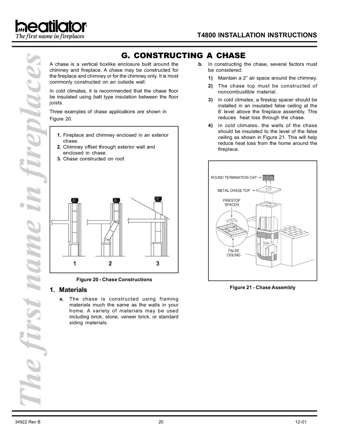 Heatiator T4800 manual Constructing a Chase, Materials 