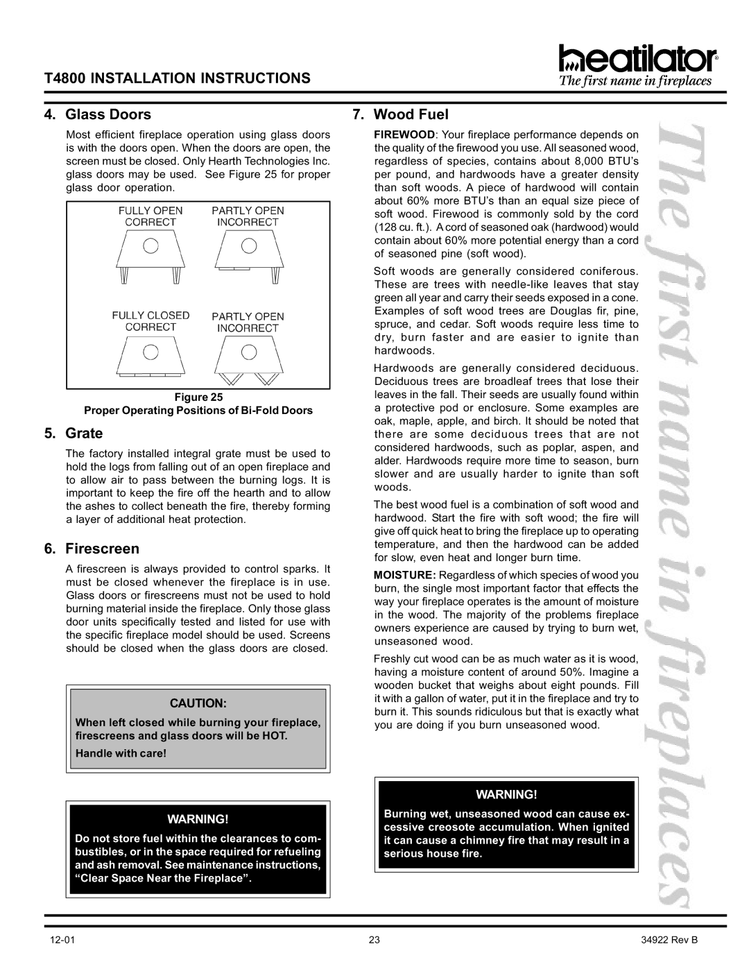 Heatiator T4800 manual Glass Doors Wood Fuel, Grate, Firescreen, Proper Operating Positions of Bi-Fold Doors 