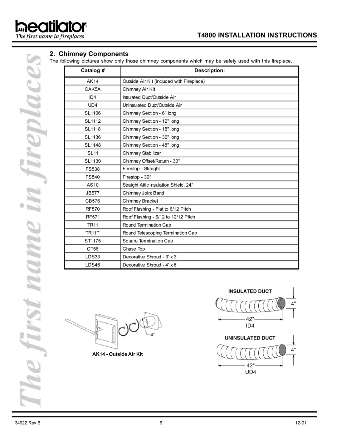 Heatiator T4800 manual Chimney Components, AK14 Outside Air Kit 