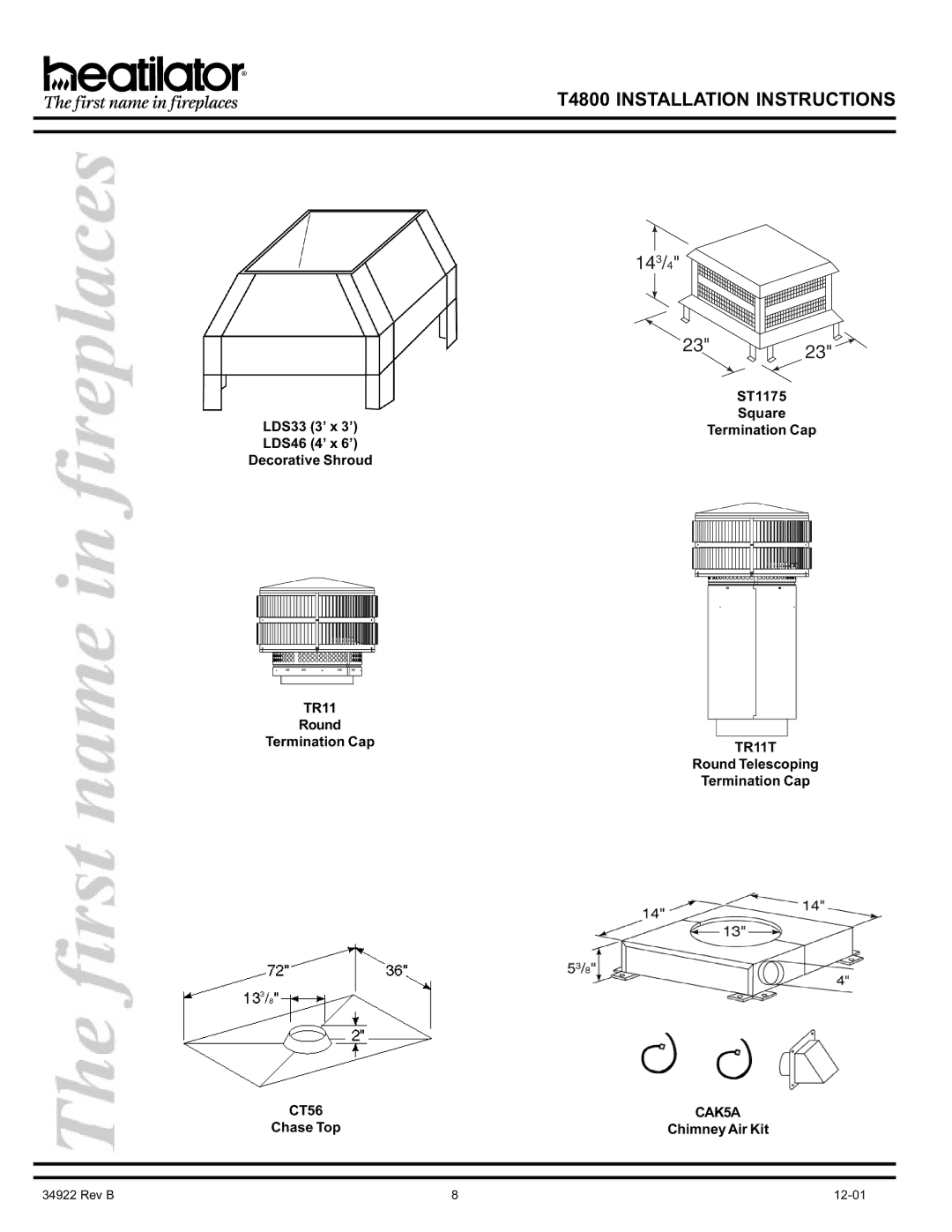 Heatiator T4800 manual Chase Top Chimney Air Kit 