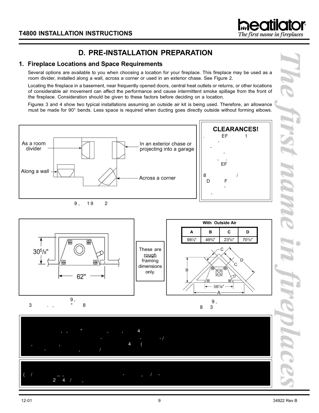 Heatiator T4800 manual PRE-INSTALLATION Preparation, Fireplace Locations and Space Requirements, Corner Installation 