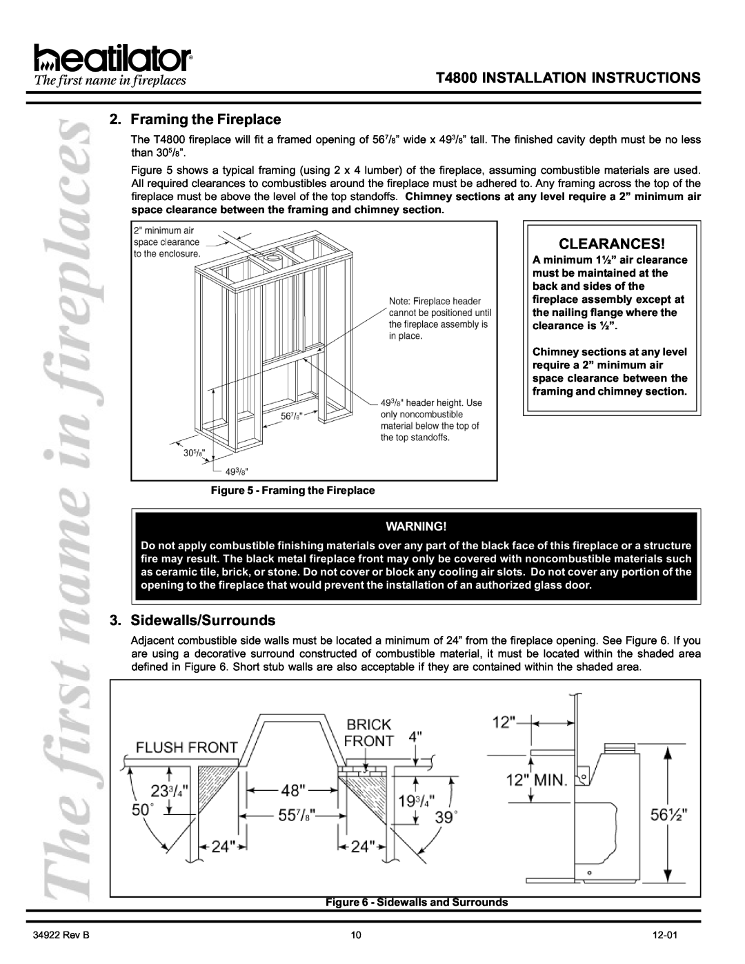 Heatiator manual Framing the Fireplace, Sidewalls/Surrounds, Sidewalls and Surrounds, T4800 INSTALLATION INSTRUCTIONS 