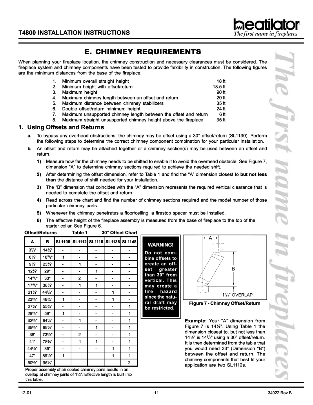 Heatiator T4800 E. Chimney Requirements, Using Offsets and Returns, Offset/Returns, Offset Chart, Chimney Offset/Return 