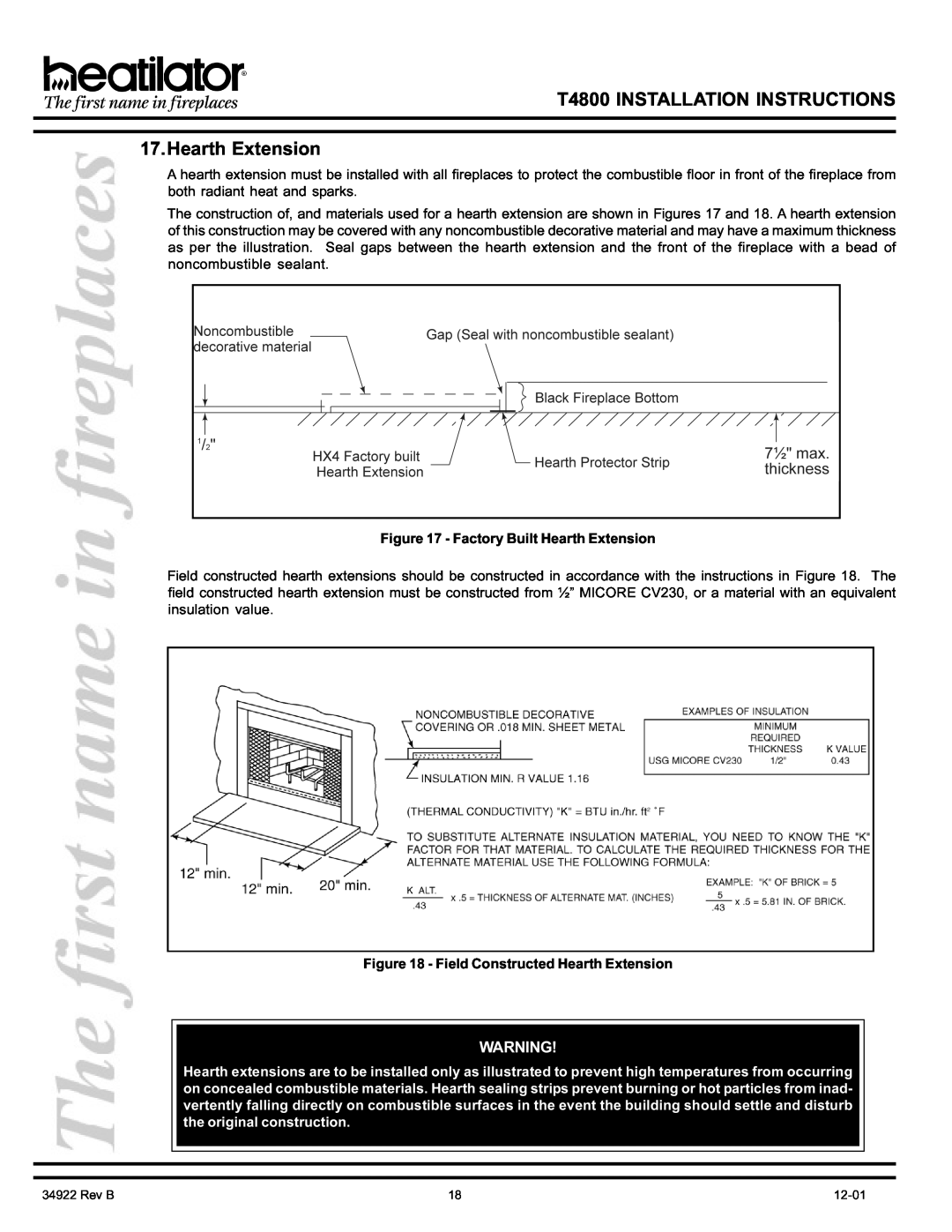 Heatiator manual Factory Built Hearth Extension, Field Constructed Hearth Extension, T4800 INSTALLATION INSTRUCTIONS 