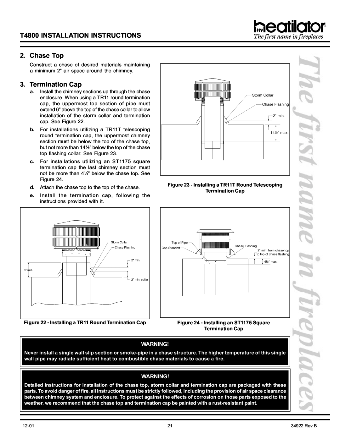 Heatiator manual T4800 INSTALLATION INSTRUCTIONS 2. Chase Top, Termination Cap, Installing a TR11T Round Telescoping 