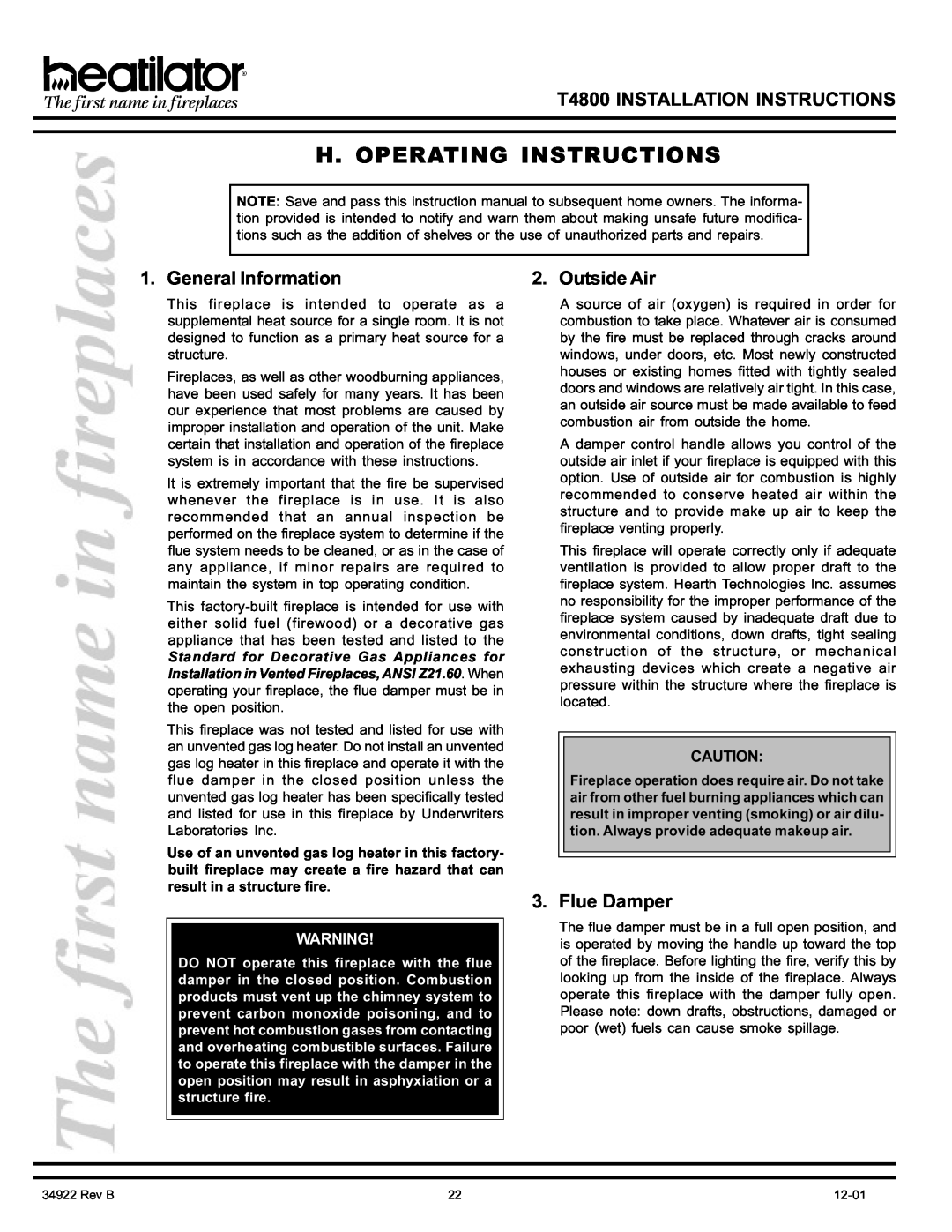 Heatiator H. Operating Instructions, General Information, Outside Air, Flue Damper, T4800 INSTALLATION INSTRUCTIONS 