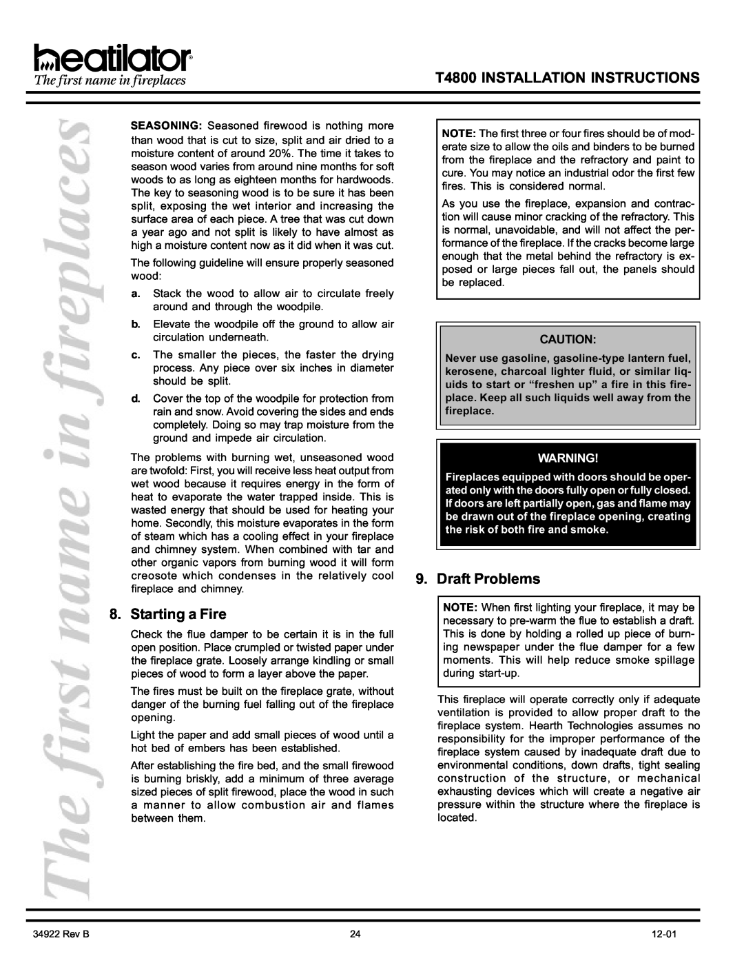 Heatiator manual Starting a Fire, Draft Problems, T4800 INSTALLATION INSTRUCTIONS, Rev B, 12-01 