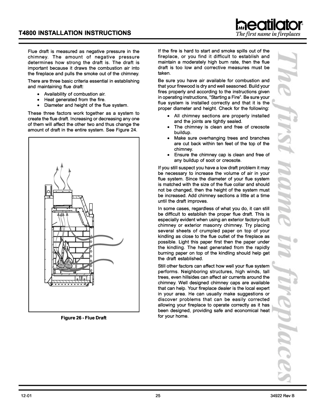Heatiator manual Flue Draft, T4800 INSTALLATION INSTRUCTIONS 
