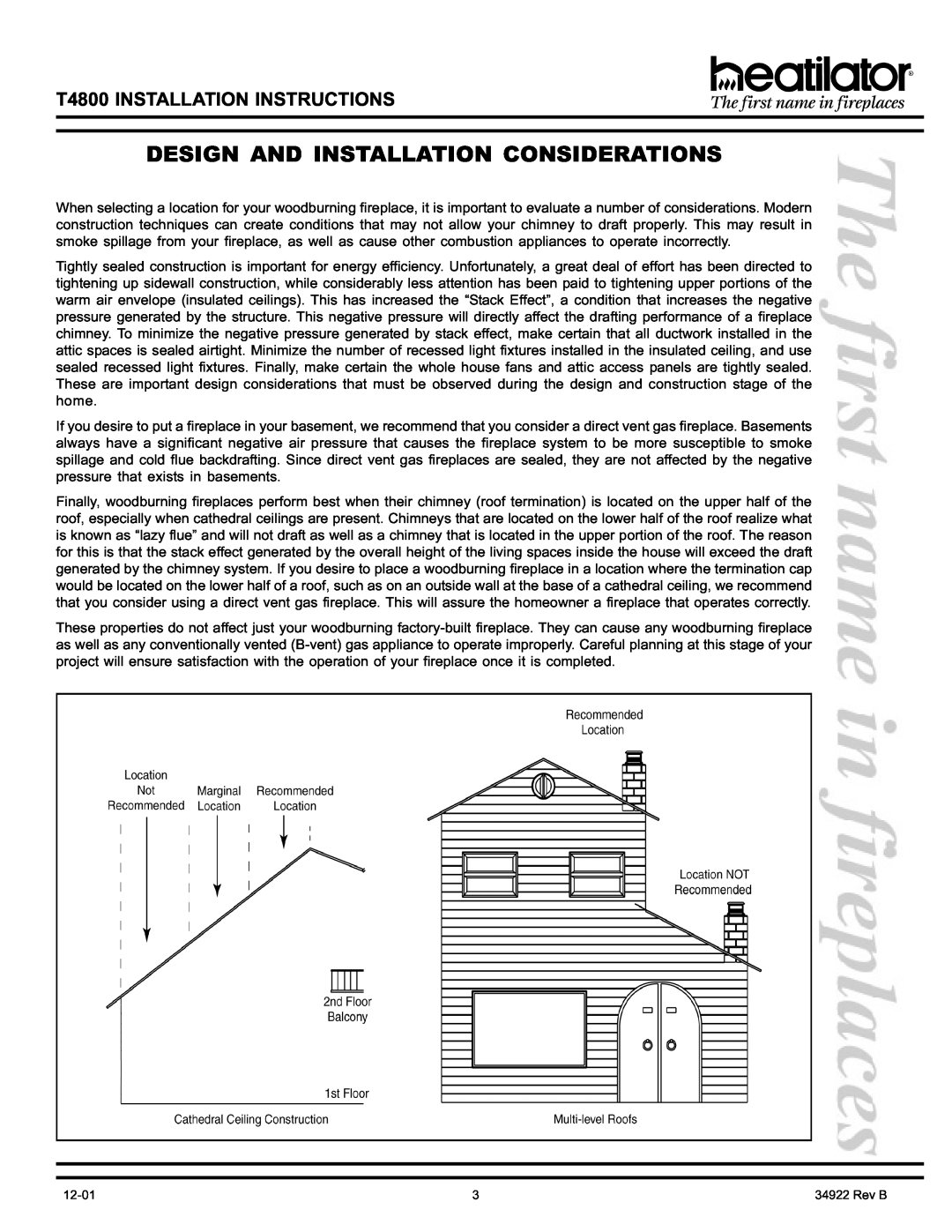 Heatiator manual Design And Installation Considerations, T4800 INSTALLATION INSTRUCTIONS 