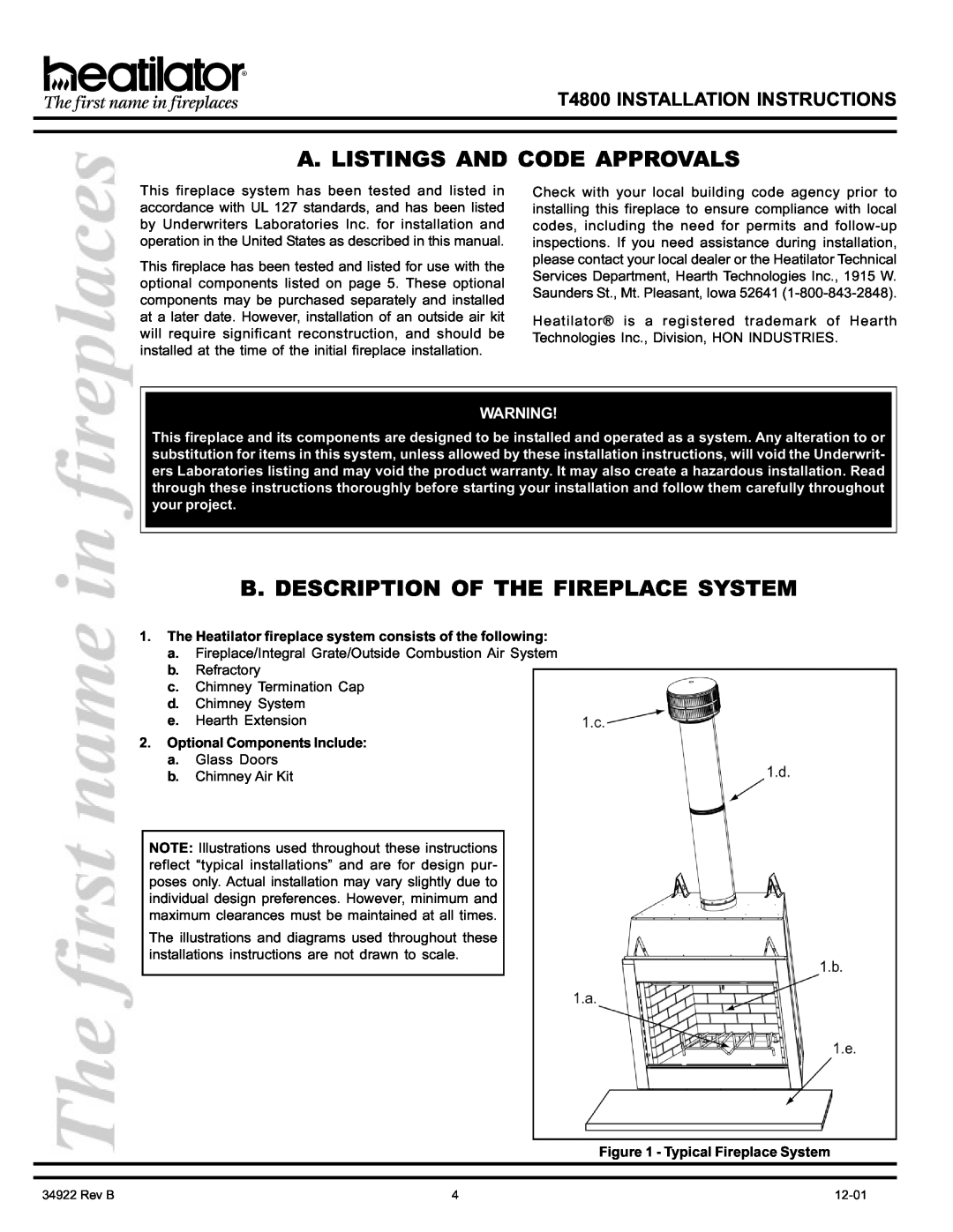 Heatiator T4800 manual A. Listings And Code Approvals, B. Description Of The Fireplace System, Optional Components Include 