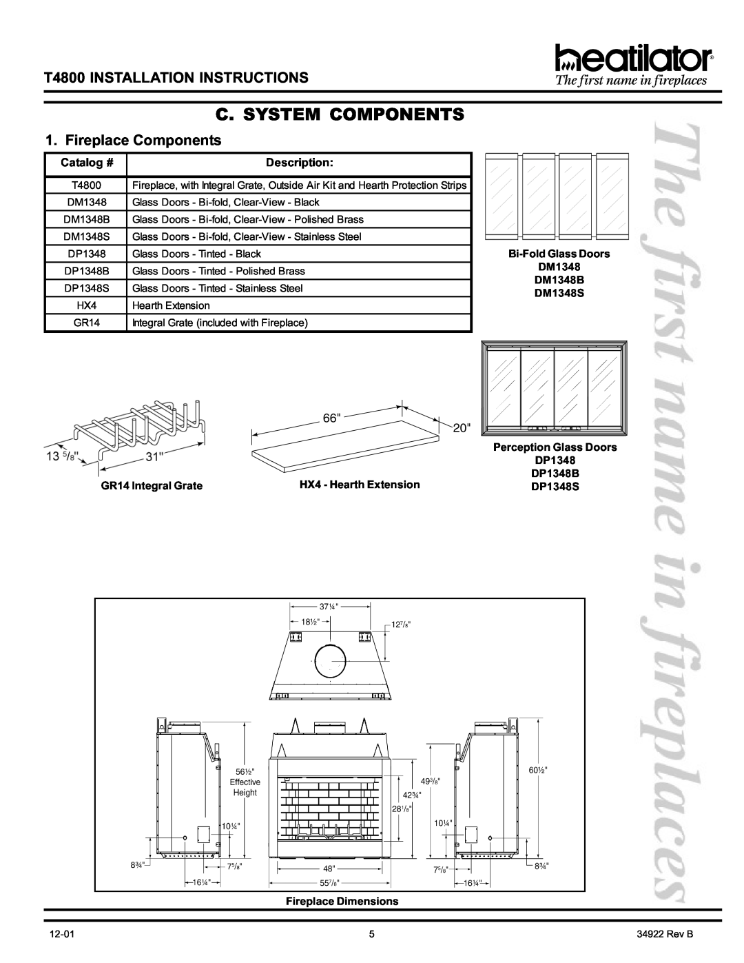 Heatiator T4800 manual C. System Components, Fireplace Components, Catalog #, Description, Bi-FoldGlass Doors, DM1348B 