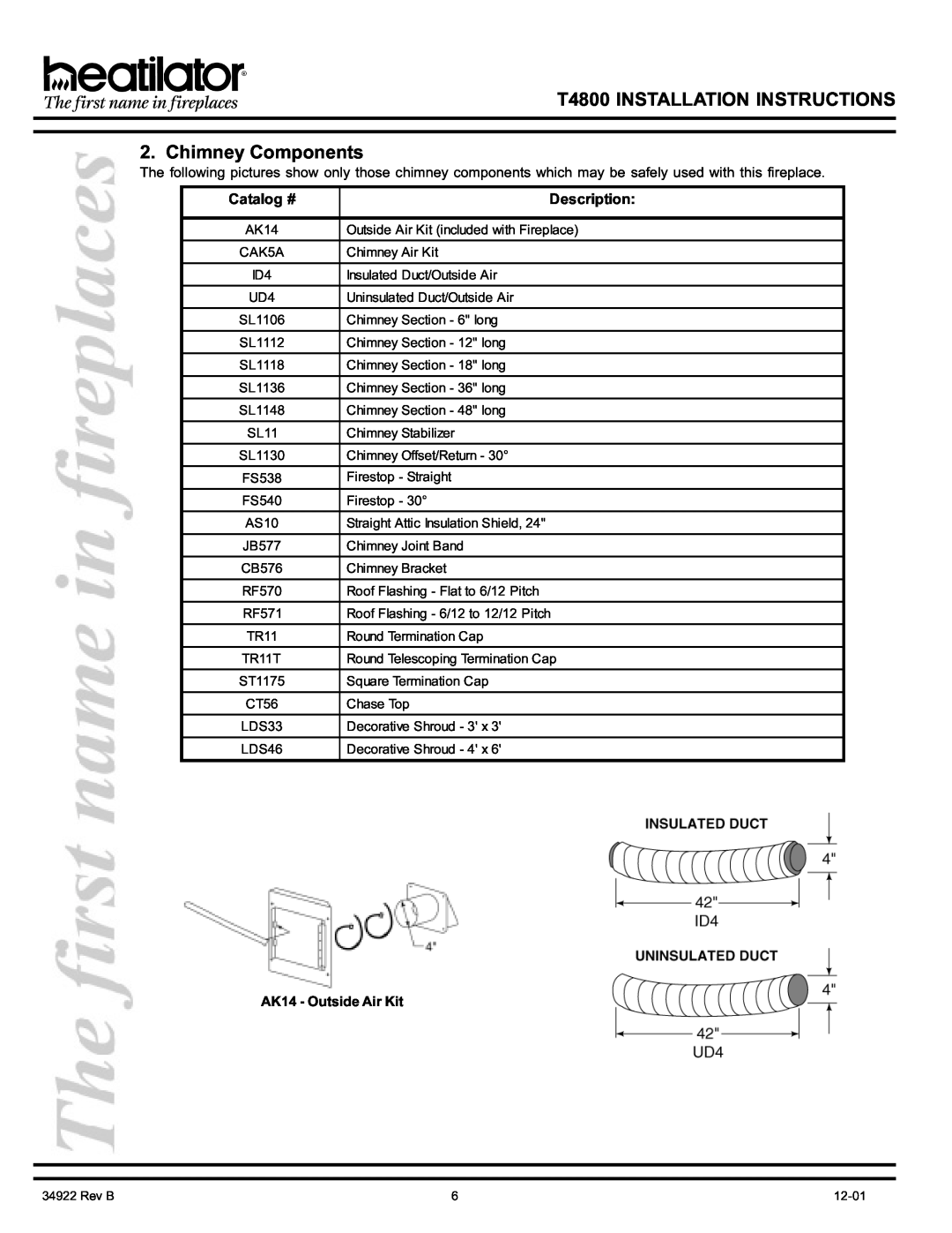 Heatiator manual Chimney Components, AK14 - Outside Air Kit, T4800 INSTALLATION INSTRUCTIONS, Catalog #, Description 