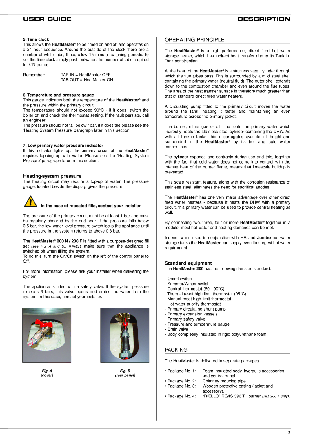 Heatmaster 200 F, 200 N manual Description, Operating Principle, Packing, Heating-system pressure, Standard equipment 