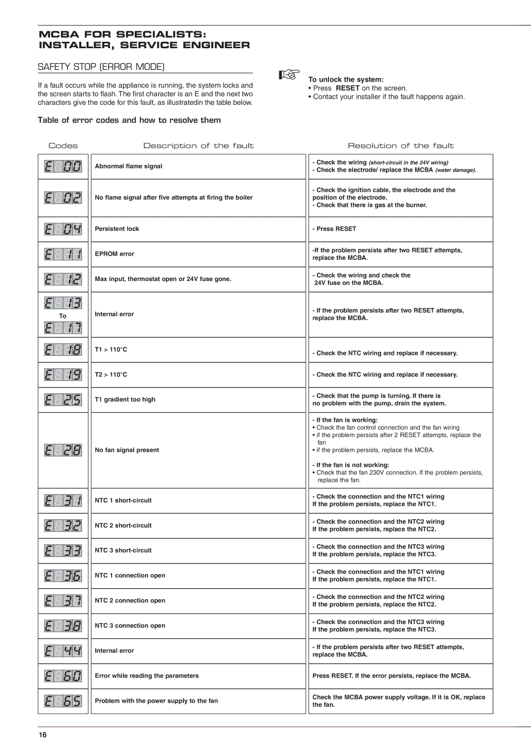 Heatmaster 201 manual Safety Stop Error Mode, To unlock the system, Codes Description of the fault Resolution of the fault 