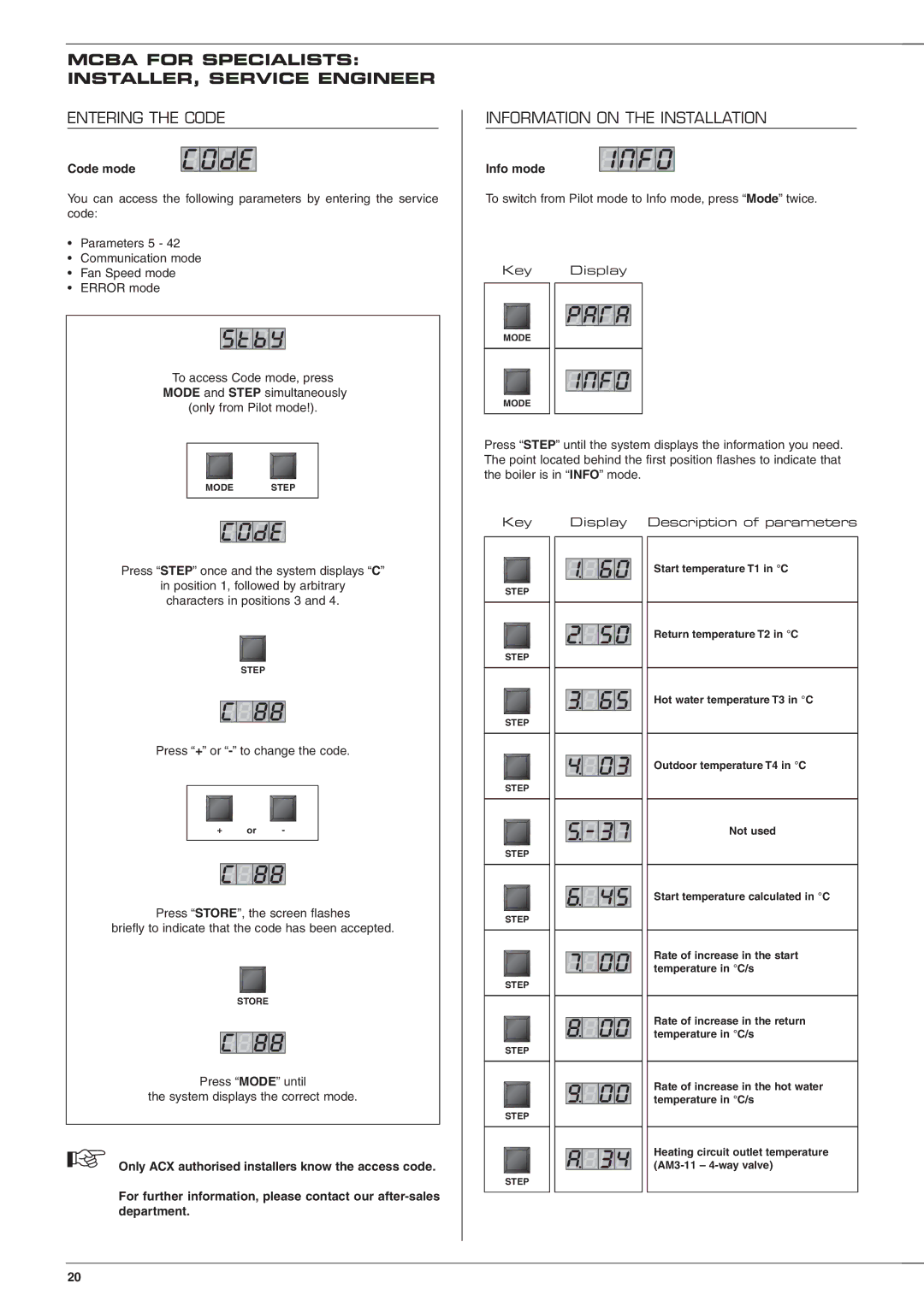 Heatmaster 201 manual Entering the Code, Information on the Installation, Code mode, Info mode 