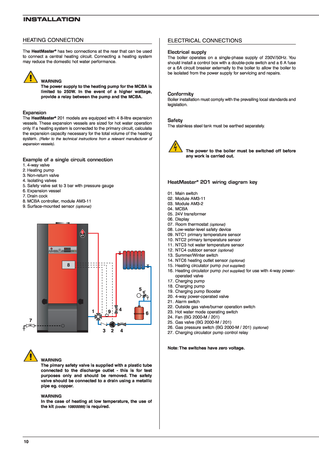 Heatmaster 201 Installation, Expansion, Example of a single circuit connection, Electrical supply, Conformity, Safety 