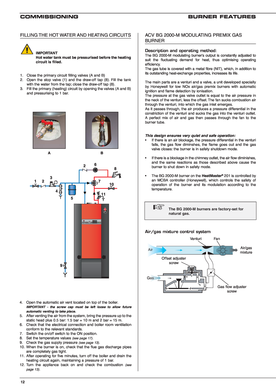 Heatmaster 201 manual Commissioning, Burner Features, Description and operating method, Air/gas mixture control system 