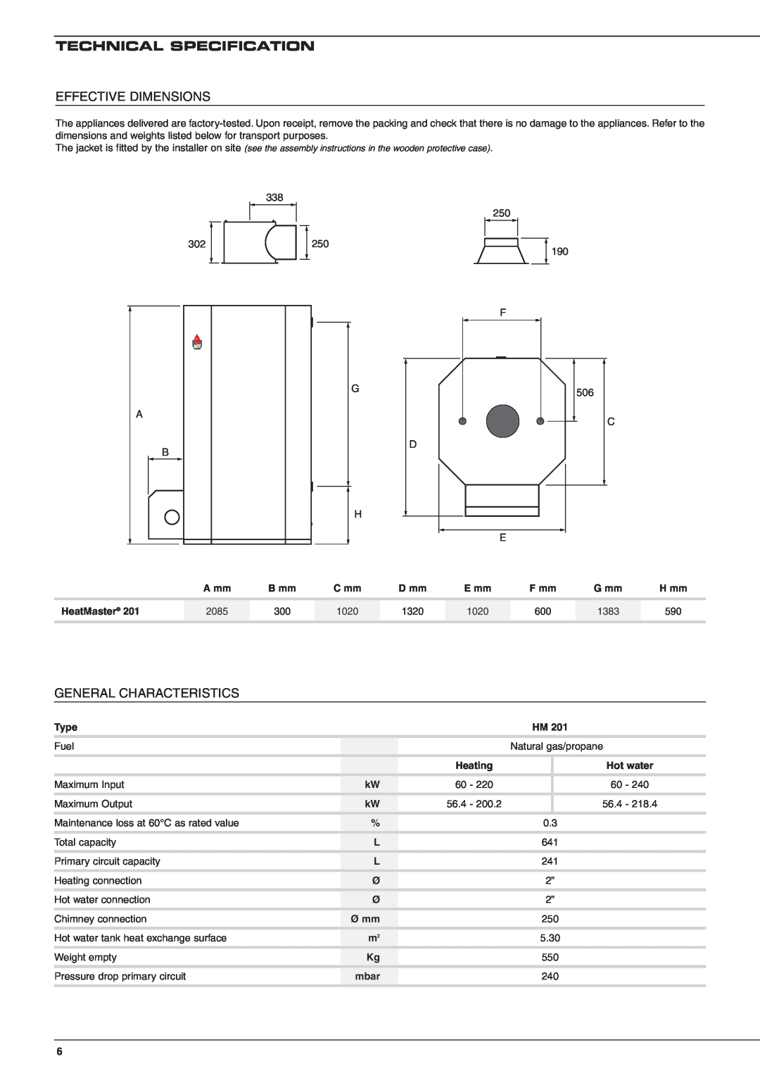 Heatmaster 201 manual Technical Specification, Effective Dimensions, General Characteristics 