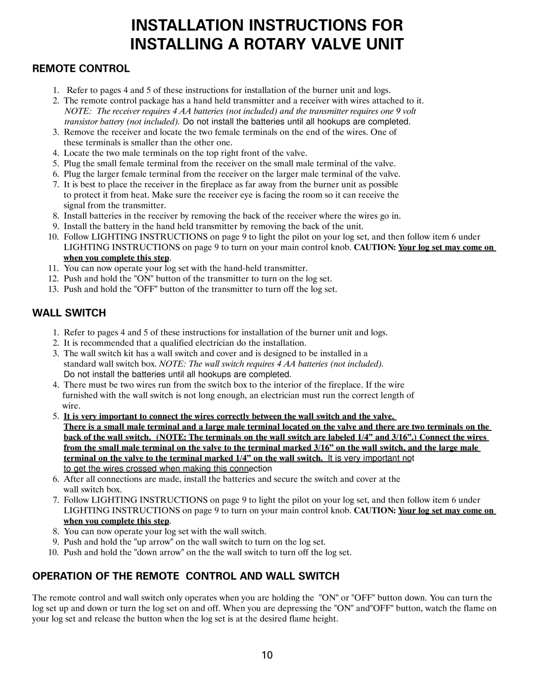 Heatmaster Gas Burner manual Operation of the Remote Control and Wall Switch 