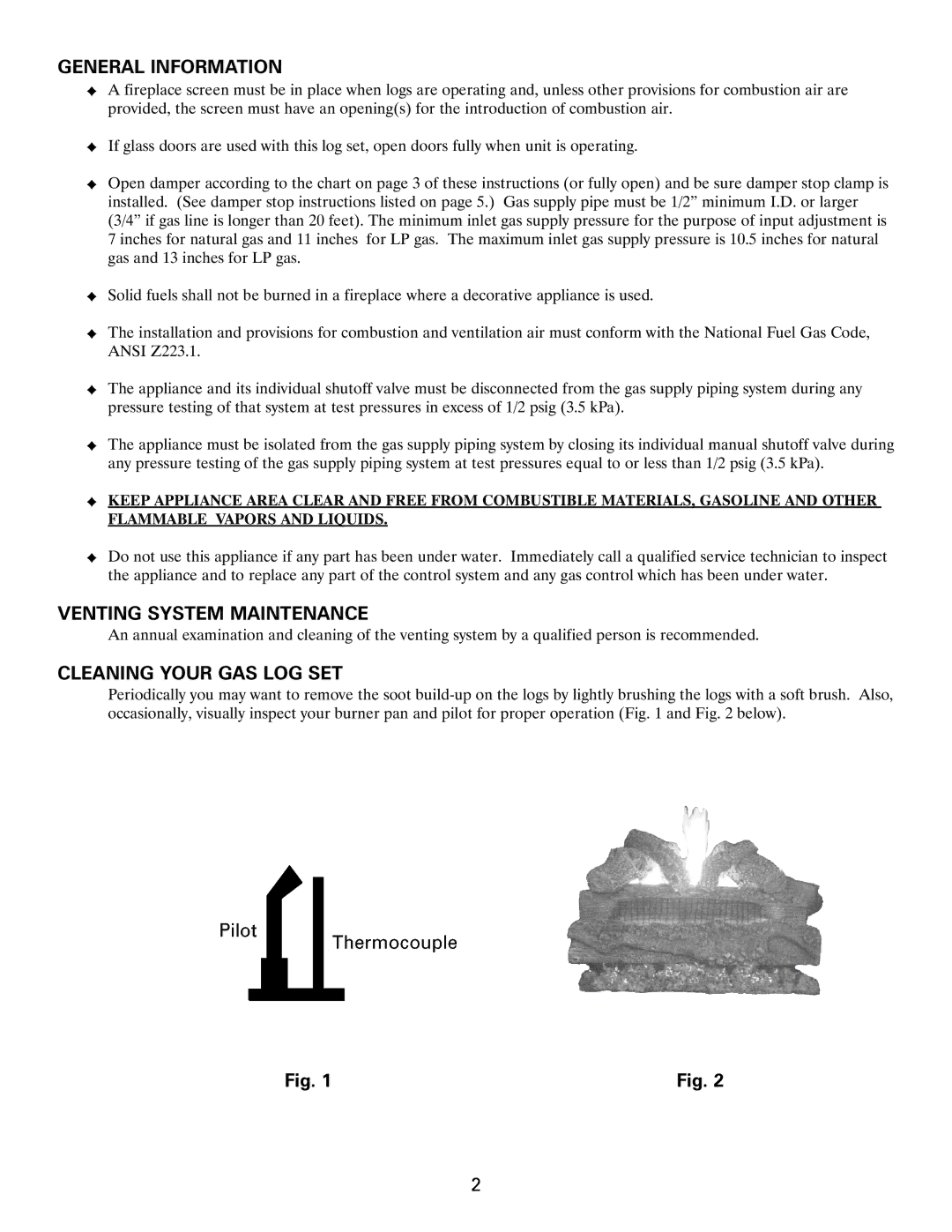 Heatmaster Gas Burner manual General Information, Venting System Maintenance, Cleaning Your GAS LOG SET 