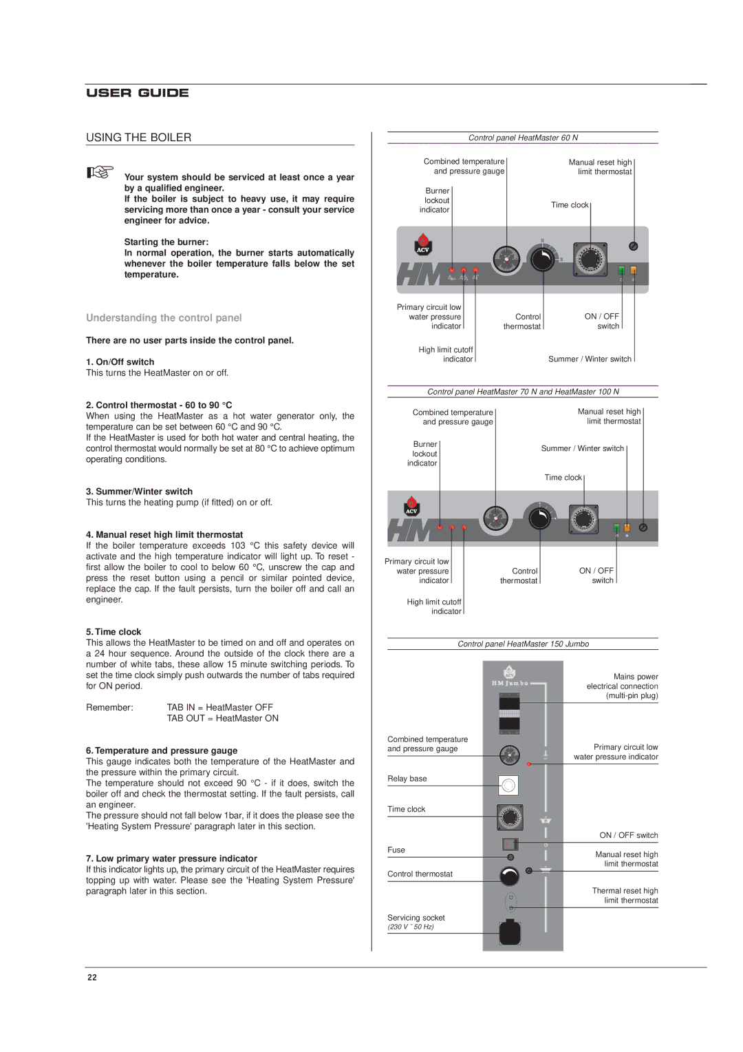 Heatmaster 70 N, HM 60 N, 150 JUMBO, 100 N manual User Guide, Using the Boiler, Understanding the control panel 