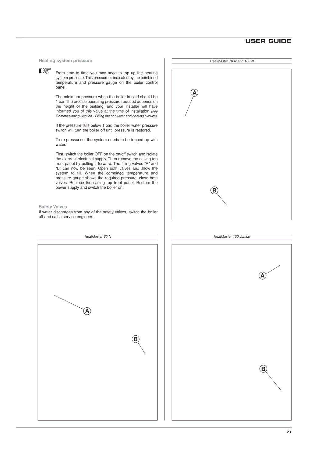 Heatmaster HM 60 N, 150 JUMBO, 100 N, 70 N manual Heating system pressure, Safety Valves 