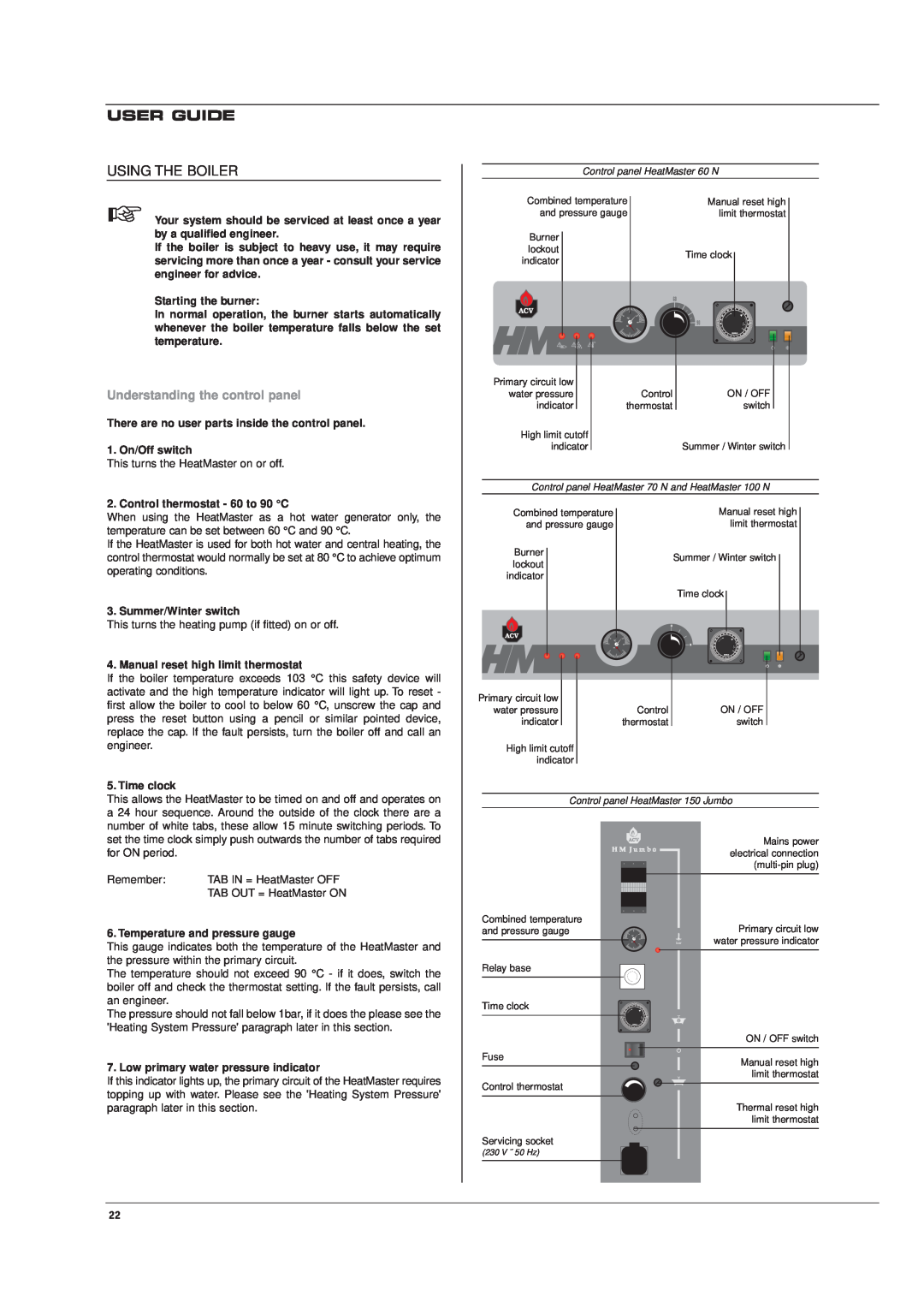 Heatmaster 70 N, HM 60 N, 150 JUMBO, 100 N manual User Guide, Using The Boiler, Understanding the control panel 