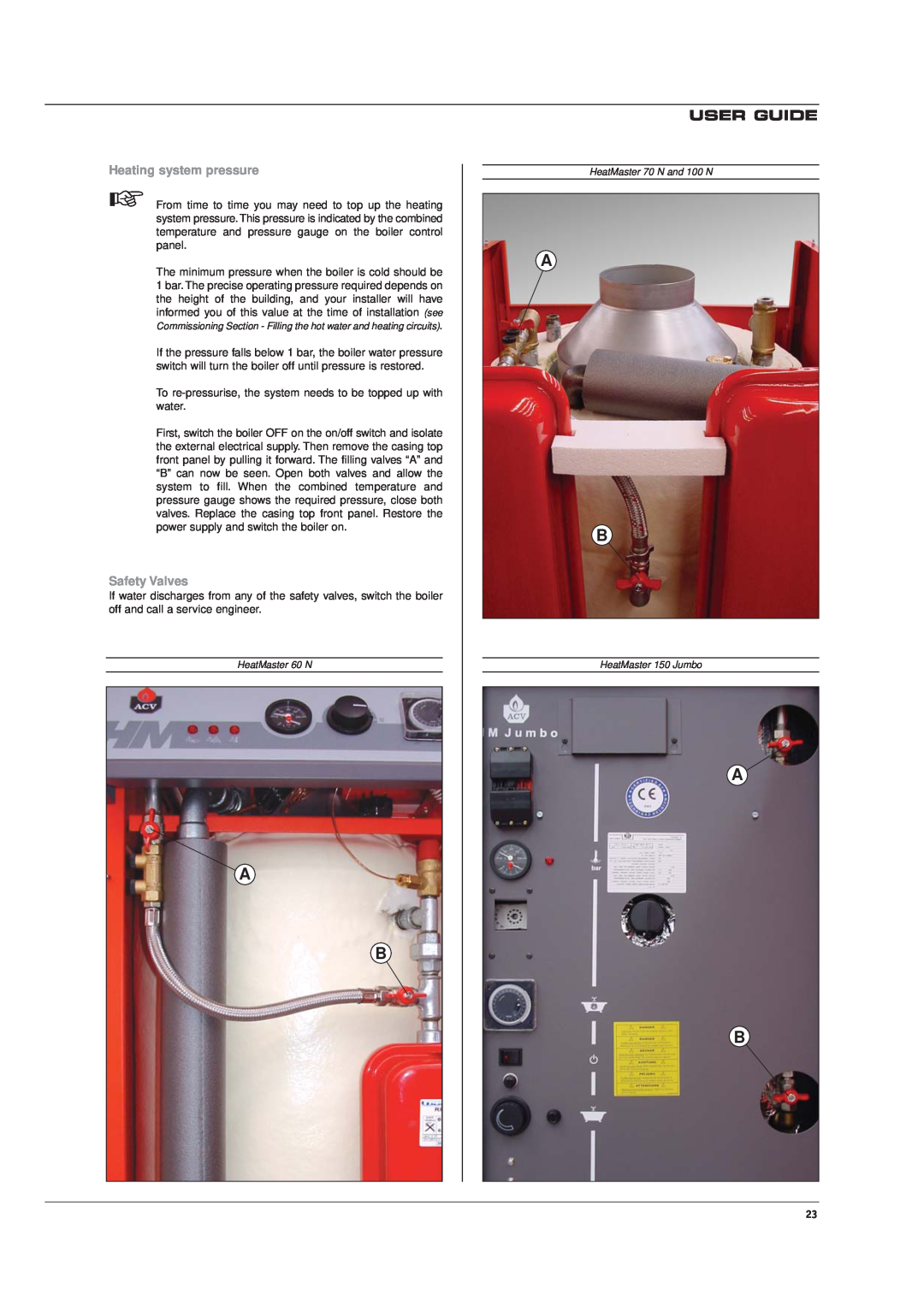Heatmaster HM 60 N, 150 JUMBO, 100 N, 70 N manual User Guide, Heating system pressure, Safety Valves 