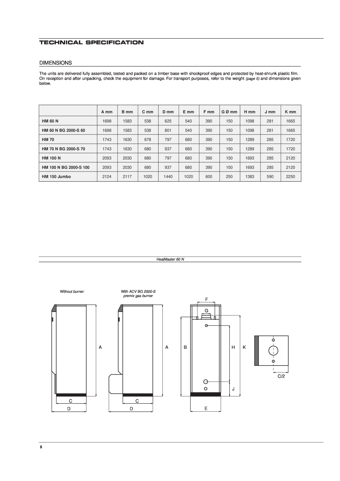 Heatmaster 70 N, HM 60 N, 150 JUMBO, 100 N manual Technical Specification, Dimensions 