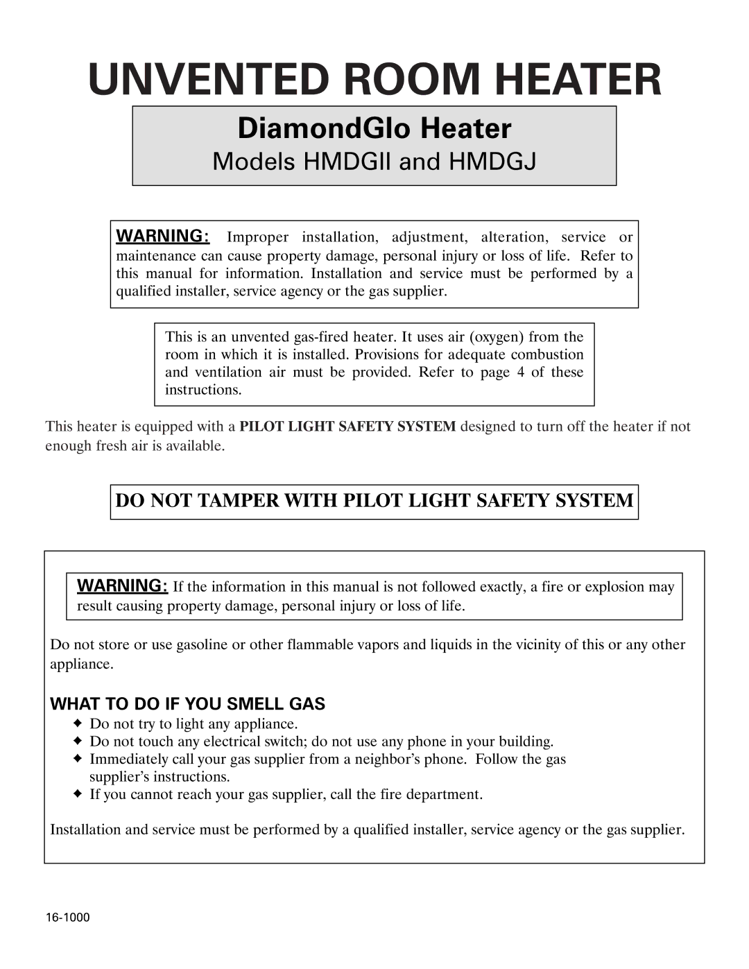 Heatmaster HMDGJ, HMDGII manual Unvented Room Heater, What to do if YOU Smell GAS 