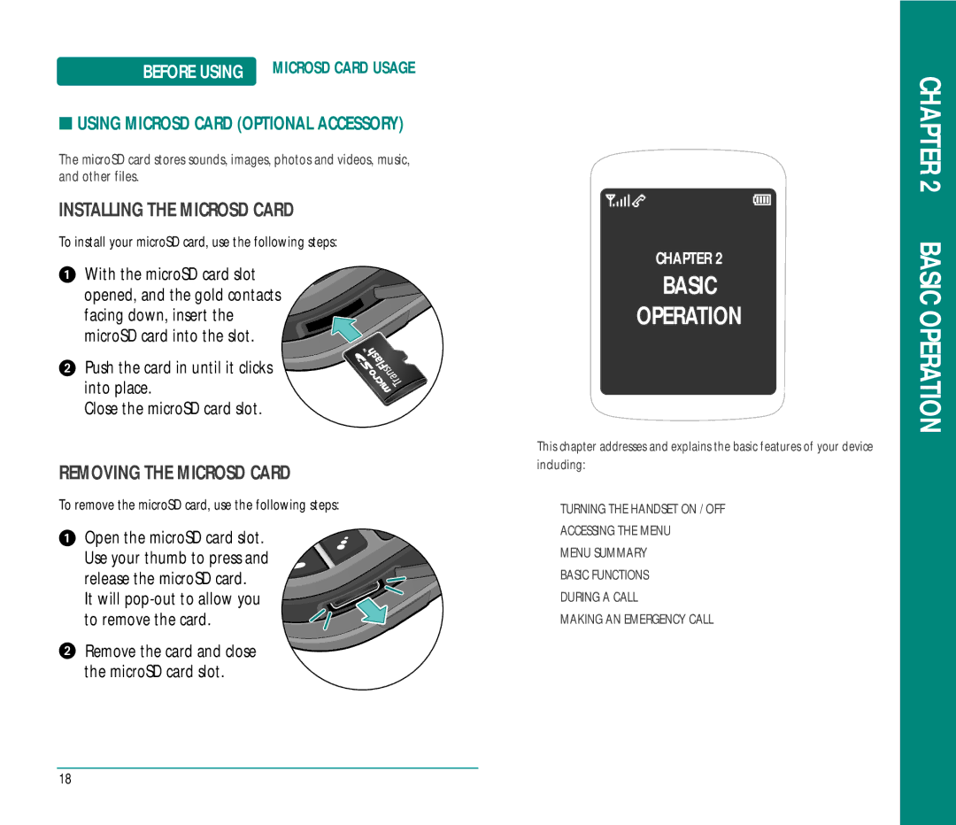 Helio Ocean user manual Installing the Microsd Card, Removing the Microsd Card, Using Microsd Card Optional Accessory 