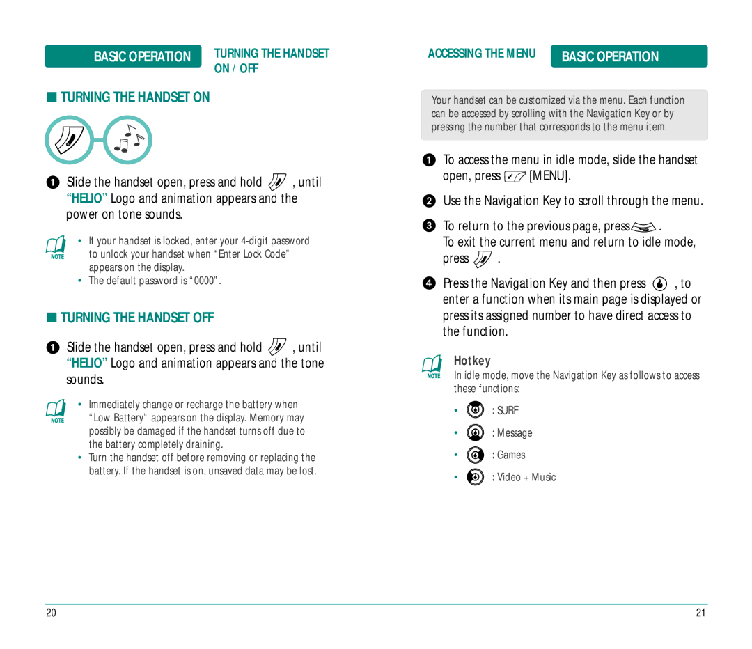 Helio Ocean user manual Turning the Handset on, Turning the Handset OFF, On / OFF 