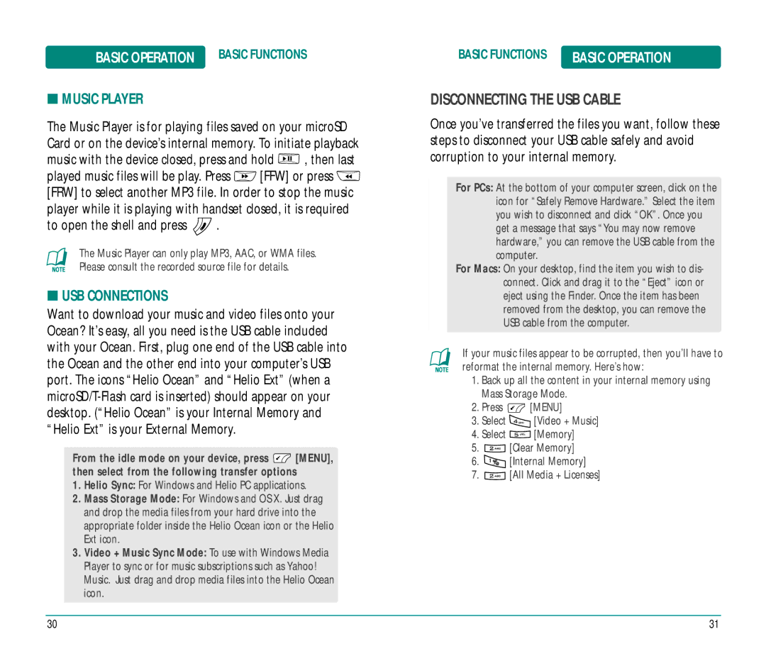 Helio Ocean user manual Disconnecting the USB Cable, Music Player, USB Connections, To open the shell and press 