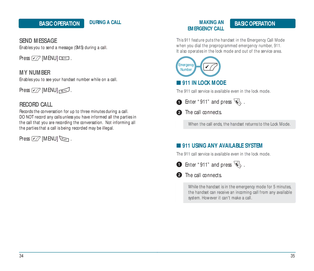 Helio Ocean user manual Send Message, MY Number, Record Call, Lock Mode, Using ANY Available System 