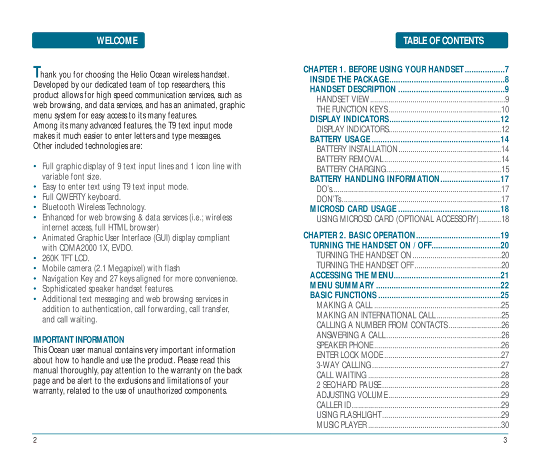 Helio Ocean user manual Welcome, Table of Contents 