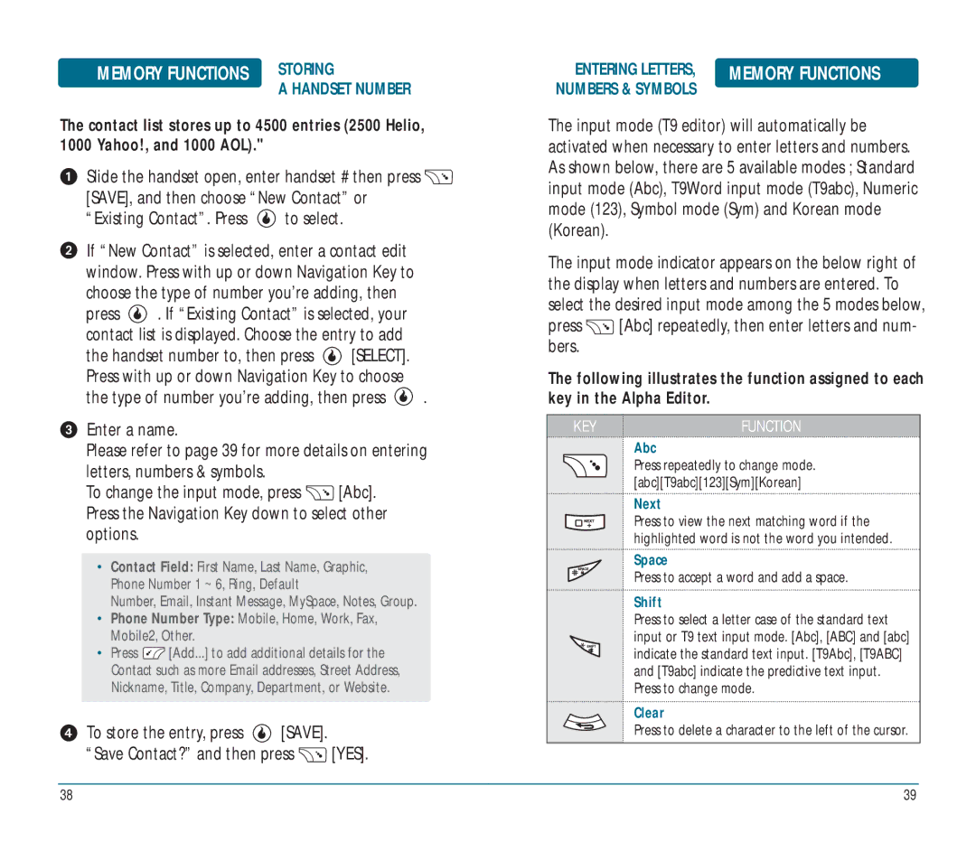 Helio Ocean user manual Memory Functions Storing, Handset Number 