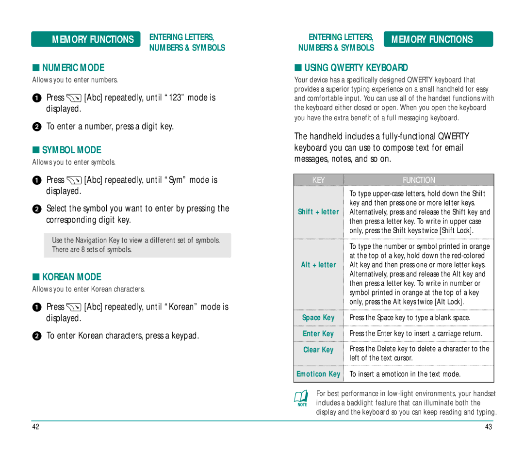 Helio Ocean user manual Numeric Mode, Symbol Mode, Korean Mode, Using Qwerty Keyboard 