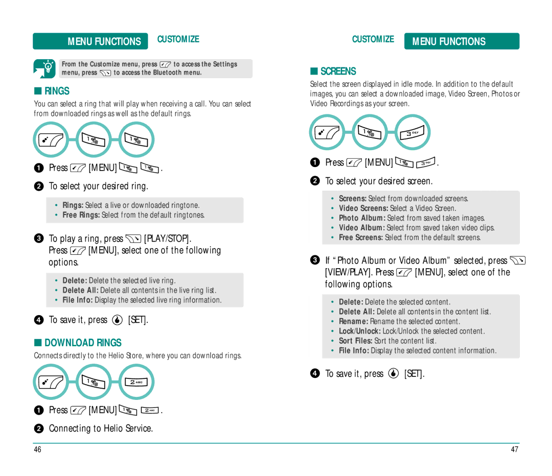 Helio Ocean user manual Menu Functions Customize, Download Rings, Screens 