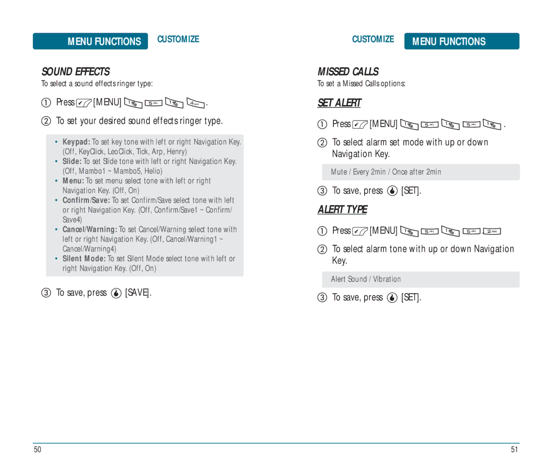 Helio Ocean Sound Effects, Missed Calls, SET Alert, Alert Type, Press Menu To set your desired sound effects ringer type 