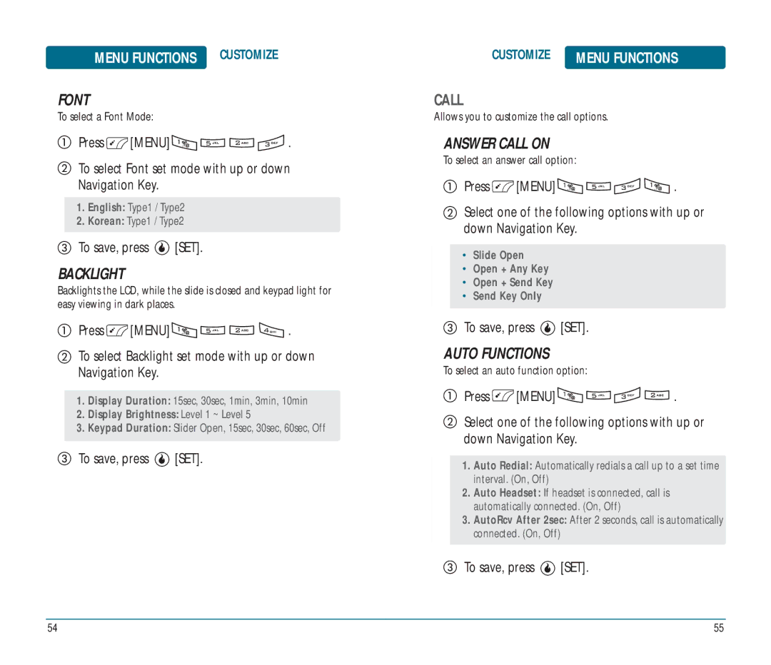 Helio Ocean user manual Font, Backlight, Answer Call on, Auto Functions 