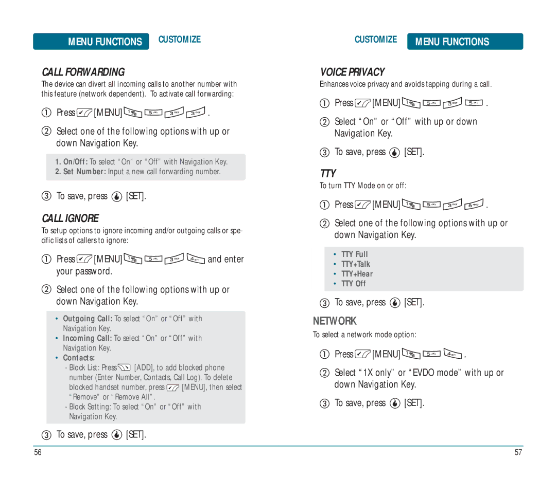 Helio Ocean user manual Call Forwarding, Call Ignore, Voice Privacy, Tty, Network 