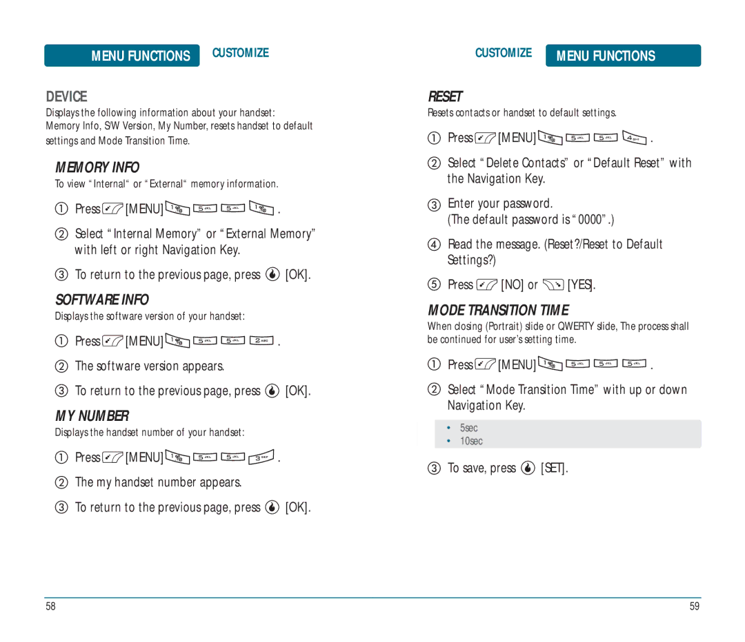 Helio Ocean user manual Memory Info, Software Info, MY Number, Reset, Mode Transition Time 