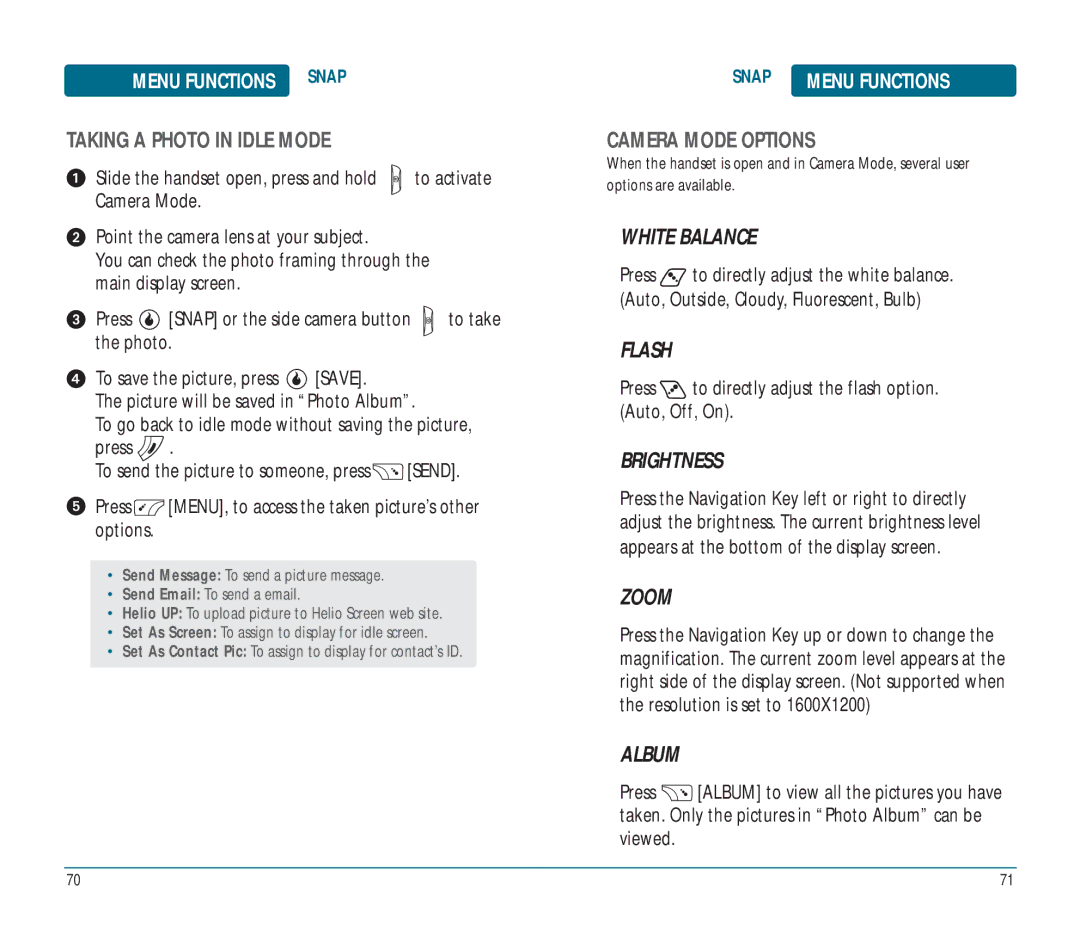 Helio Ocean user manual White Balance, Flash, Brightness, Album 