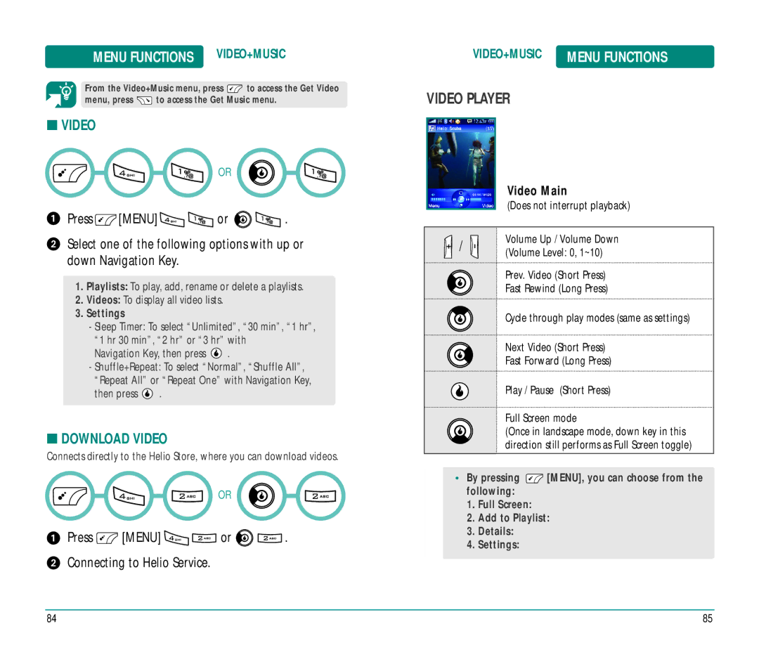 Helio Ocean user manual Video Player, Menu Functions VIDEO+MUSIC, Download Video, Video+Music 