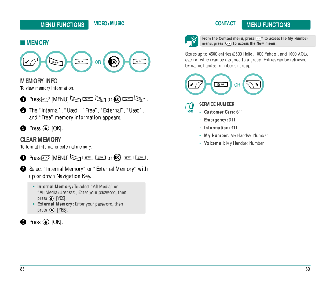 Helio Ocean user manual Memory Info, Clear Memory, Contact 